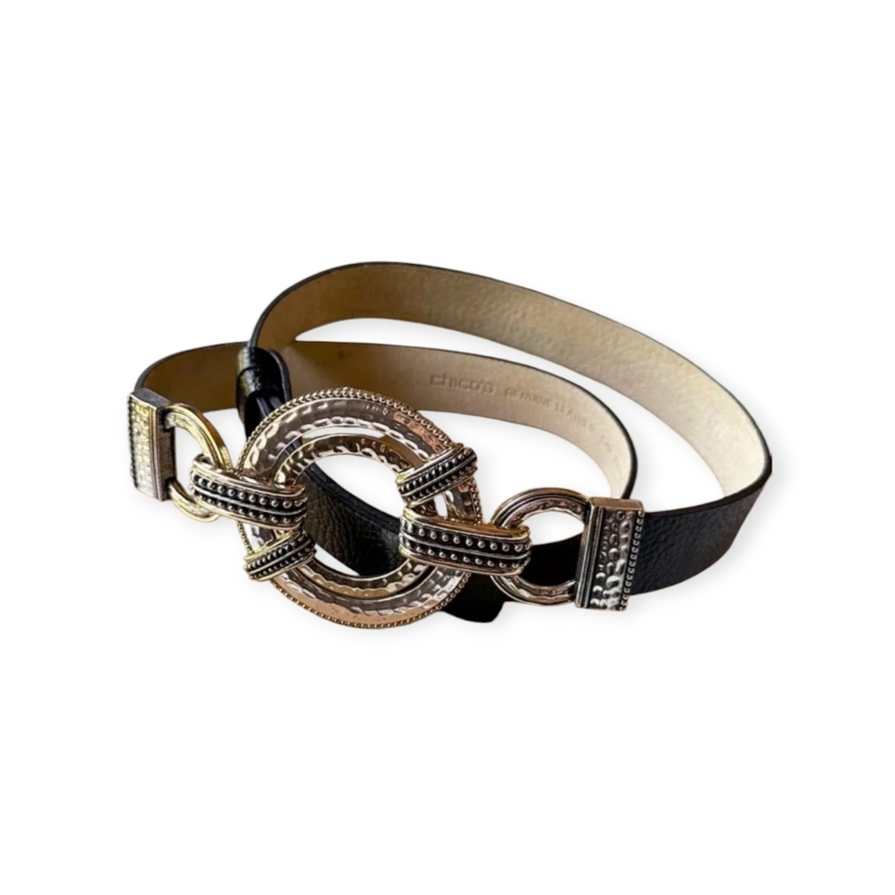 Chicos Circular Abby Black Leather Belt Hammered Silver Gold Round Buckle S/M